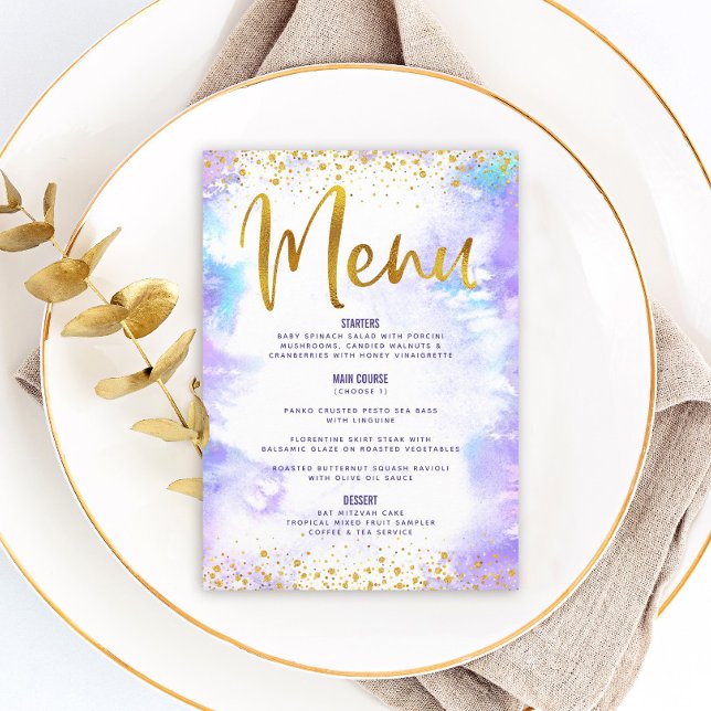 Bat mitzvah Guld Glitter Foil Lila Watercolor Meny (Skapare uppladdad)