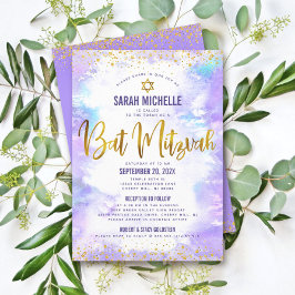 Bat mitzvah Guld Glitter Lila vattenfärg 2-vall Inbjudningar