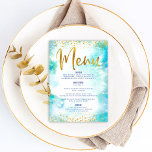 Bat mitzvah Guld-Glitter-oljerturkos vattenfärg Meny<br><div class="desc">Var stolt, gladd och visa den här milstolpen av din favorit Bat mitzvah med ett firande att vara stolt över! Vi lockar dina gäster med den här fantastiska, moderna menyn för party-måltider, som innehåller glatt guld faux-folie och glitter-prickar och typografi-skript mot en turkos vattenfärgsbakgrund. Hennes namn, händelsens datum, och en...</div>