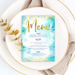 Bat mitzvah Guld-Glitter-oljerturkos vattenfärg Meny<br><div class="desc">Var stolt, gladd och visa den här milstolpen av din favorit Bat mitzvah med ett firande att vara stolt över! Vi lockar dina gäster med den här fantastiska, moderna menyn för party-måltider, som innehåller glatt guld faux-folie och glitter-prickar och typografi-skript mot en turkos vattenfärgsbakgrund. Hennes namn, händelsens datum, och en...</div>