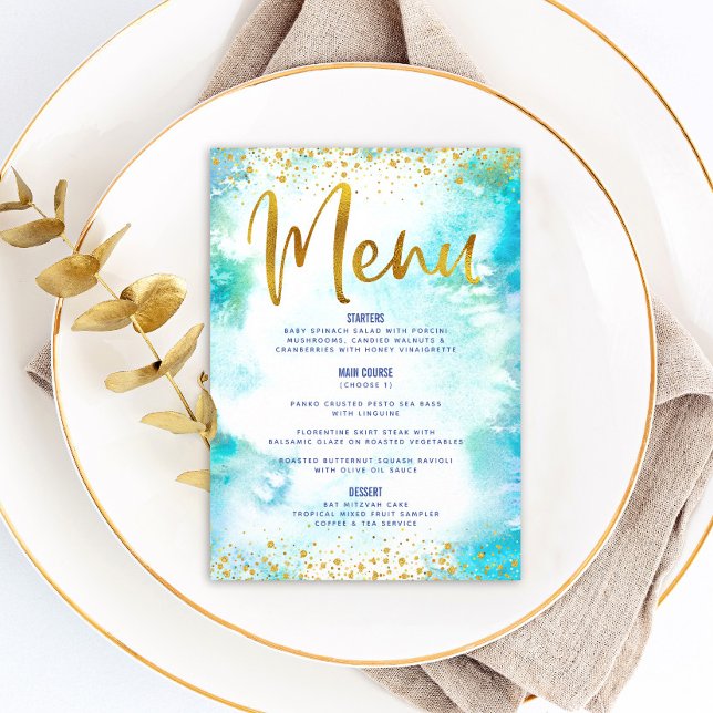 Bat mitzvah Guld-Glitter-oljerturkos vattenfärg Meny (Skapare uppladdad)