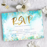Bat mitzvah guld-grovsköldpaddor vattenfärgsentré OSA kort<br><div class="desc">Var stolt, gladd och visa den här milstolpen av din favoritBat mitzvah! Inkludera den här fantastiska, moderna, glatt guld-faux-folie och glitter-punkter och typografiskript mot en turkofärgad bakgrund, personlig OSA-inmatningskort för evenemanget. Anpassa anpassningsbarna med alternativen "svara senast" och "ange". Matchning och samordning av inbjudan, adressetiketter, klistermärken, platskort, bordsnummer, bord-konfetti, tackkort, album...</div>