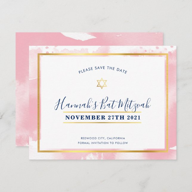 BAT MITZVAH guld rosa-vattenfärgen sparar datumet Inbjudningar (Fram/baksida)