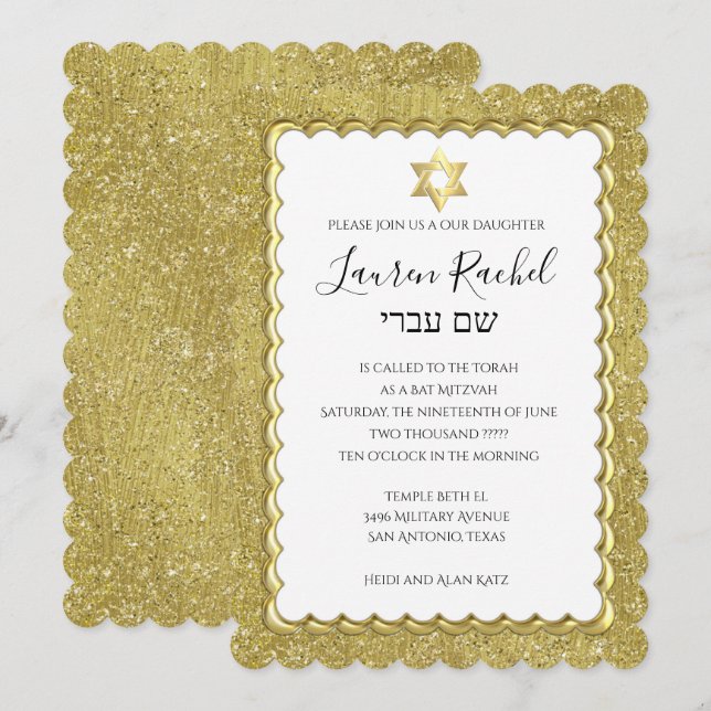 Bat mitzvah Guld Scalloped Guld Glitter Inbjudningar (Fram/baksida)