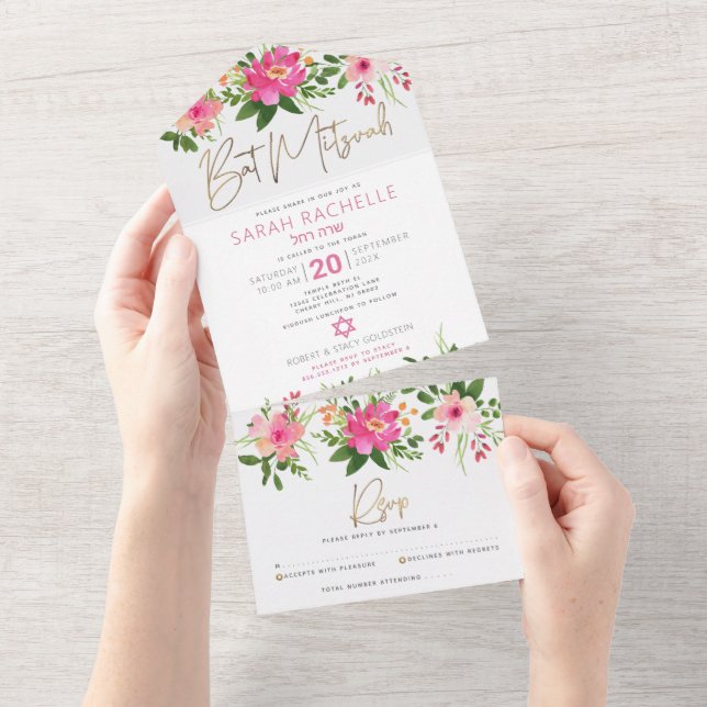 Bat mitzvah Guld Script Rosa Blommigt Vattenfärg (Tearaway)