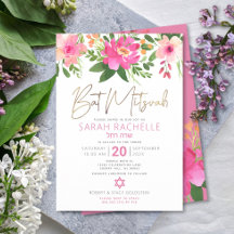 Bat mitzvah Guld Script Rosa Blommigt Vattenfärg