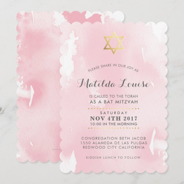 BAT MITZVAH guld snyggt rosa vattenfärgen inbjudan (Fram/baksida)