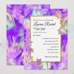 Bat mitzvah Guld Star Abstrakt Tie Dye Lila Inbjudningar