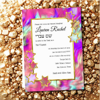 Bat mitzvah Guld Star Abstrakt Tie Dye Rosa Inbjudningar
