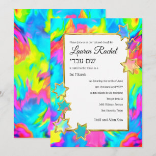 Bat mitzvah Guld Star Abstrakt Tie Dye Turcos Inbjudningar