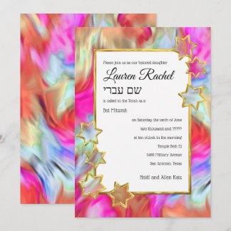 Bat mitzvah Guld Star-Abstrakten Tie Dye Red Inbjudningar