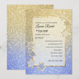 Bat mitzvah Guld Star Guld Blue Ombre Glitter Inbjudningar
