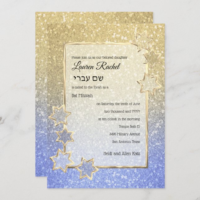 Bat mitzvah Guld Star Guld Blue Ombre Glitter Inbjudningar (Fram/baksida)