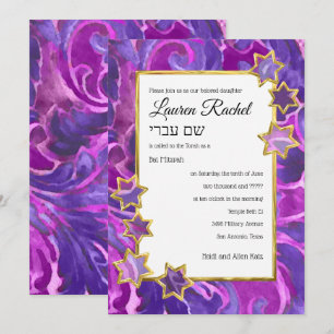 Bat mitzvah Guld Star Lila Rosa Damask Inbjudningar