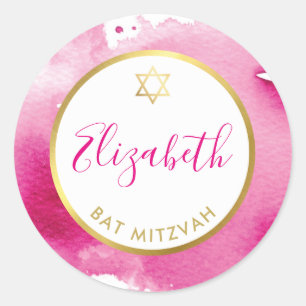 BAT MITZVAH guld star smart mörk rosa vattenfärg Runt Klistermärke