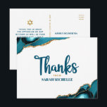 Bat Mitzvah Guld Turkos Agat Script Tack Vykort<br><div class="desc">Se till att din favorit Bat Mitzvah visar sin uppskattning till alla som stödde hennes milstolpe! Skicka ut detta coola, unika, moderna, personliga tack-kort. Turkosblå handskriven skrift och fet, sans serif-typografi överlagrar en enkel, ren vit bakgrund med turkosblå agatstenar accentuerade med falska guldådror. En falsk Davidstjärna i guld, tillsammans med...</div>