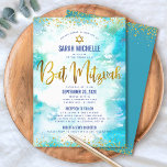 Bat mitzvah Guld Turkos Watercolor 2 Våtfärg 2 Ven Inbjudningar<br><div class="desc">Var stolt, gladd och visa den här milstolpen av din favoritBat mitzvah! Skicka ut den här fantastiska, moderna inbjudan till personlig om en händelse att minnas. Sparkly faux guld-folie, glitter-prickar. David stjärna och typografi-skript täcker över en turkosa blå vattenfärgsbakgrund. Anpassa anpassningsbarna med Bat mitzvah namn, datum, både Temple- och party-platsens...</div>