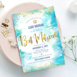 Bat mitzvah guldfärgsturkos Modern vattenfärg Inbjudningar