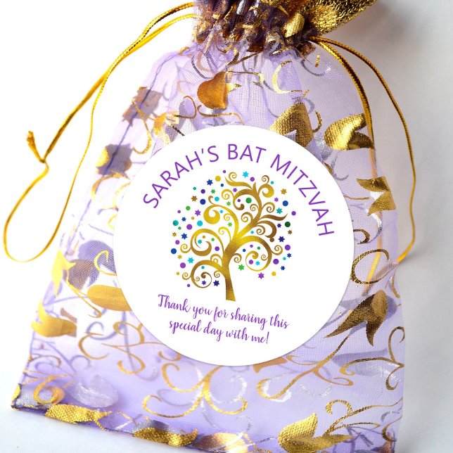 Bat mitzvah guldfärja Träd Life, Lila Typografi Runt Klistermärke (Skapare uppladdad)