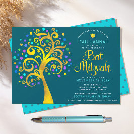 Bat mitzvah guldgruvan i Modern Livets träd i Teal Inbjudningar
