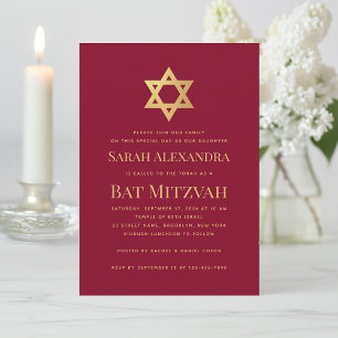 Bat Mitzvah Guldstjärna av David Enkel Burgunderrö Inbjudningar