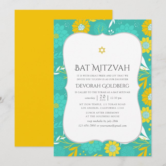 Bat mitzvah gult och Blommigt Inbjudningar (Fram/baksida)