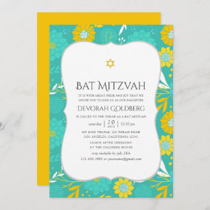 Bat mitzvah gult och Blommigt Inbjudningar