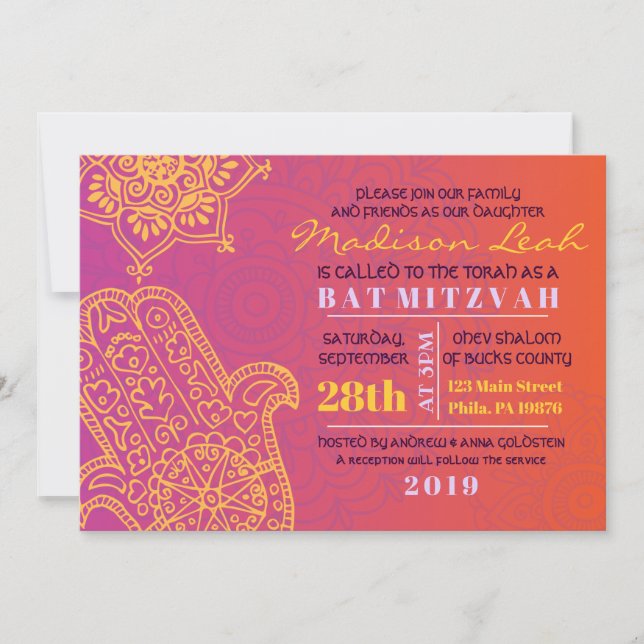 Bat mitzvah HAMSA HAND Red Orange-inbjudan Inbjudningar (Framsida)