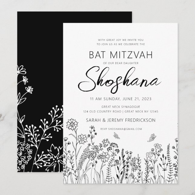 Bat Mitzvah HEBREISKA Handskriven Skrift Blommig Inbjudningar (Fram/baksida)