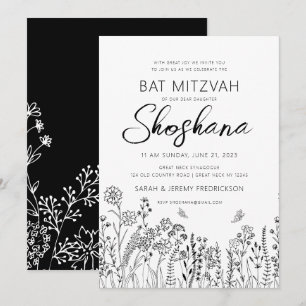 Bat Mitzvah HEBREISKA Handskriven Skrift Blommig Inbjudningar