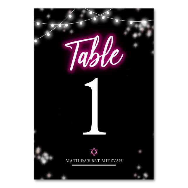 Bat Mitzvah Hot Pink Neon Tema Bordsnummer (Framsidan)