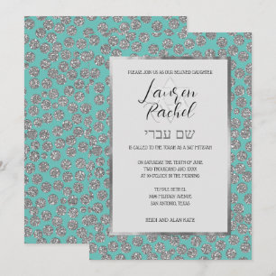 Bat Mitzvah i valfri färg med silverglittrande pri Inbjudningar