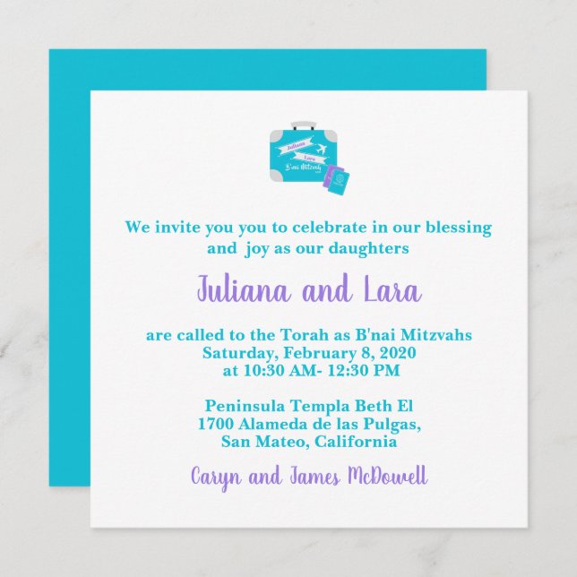 Bat mitzvah inbjudan att resa (Fram/baksida)