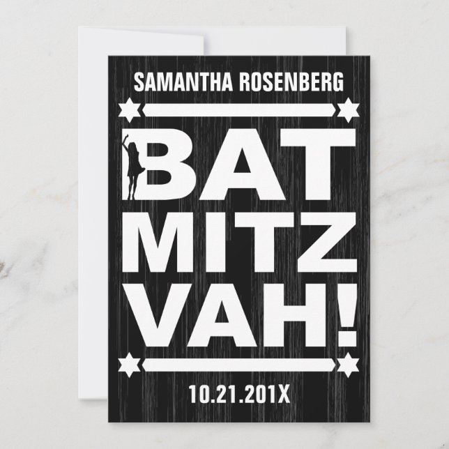 Bat mitzvah inbjudan av stor typ i svart (Framsida)
