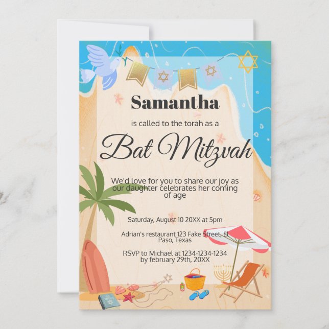 Bat mitzvah inbjudan: Beach-tema, QR Inbjudningar (Framsida)