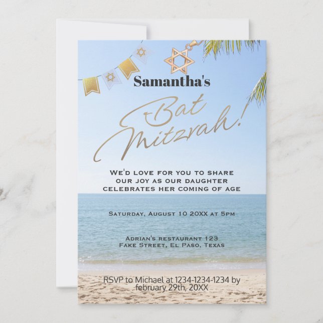 Bat mitzvah inbjudan: Beach-tema, QR Inbjudningar (Framsida)