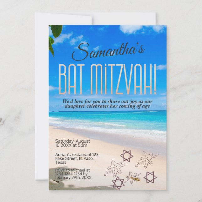 Bat mitzvah inbjudan: Beach-tema, QR Inbjudningar (Framsida)