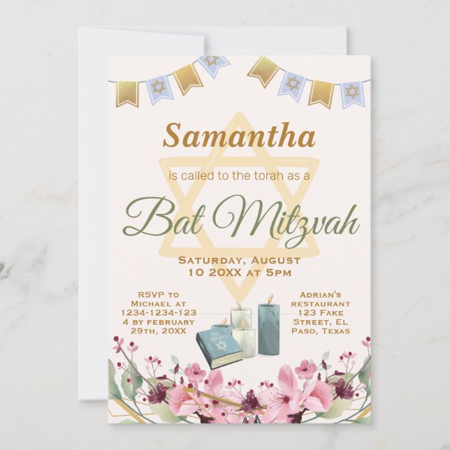 Bat mitzvah inbjudan: Blommor, torka Inbjudningar (Framsida)