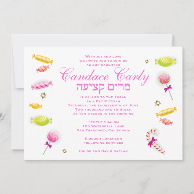 Bat mitzvah inbjudan Candy Candyland-tema (Framsida)
