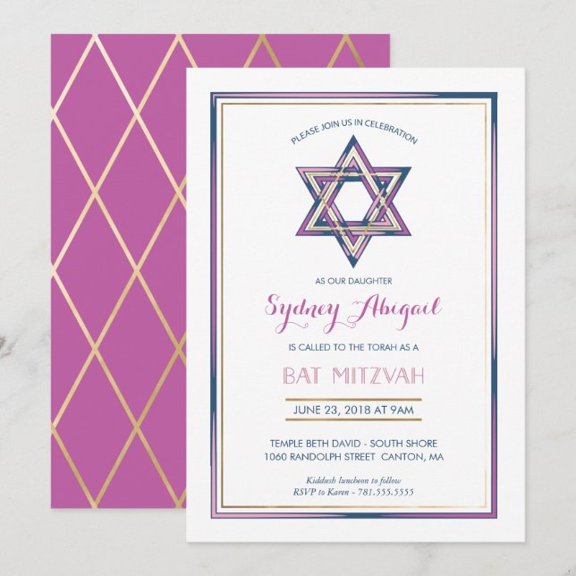 Bat mitzvah inbjudan - David w/Guld stjärna (Fram/baksida)