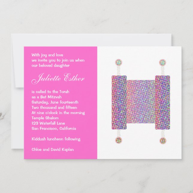Bat mitzvah inbjudan Festive Torah Rulla Rosa (Framsida)