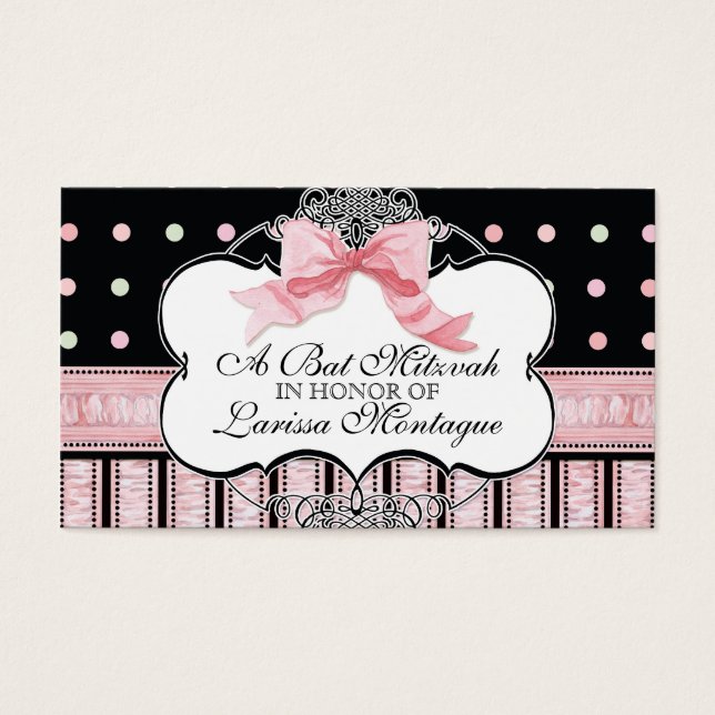Bat mitzvah inbjudan - Fransk Bow Dot Swirl Visitkort (Framsidan)