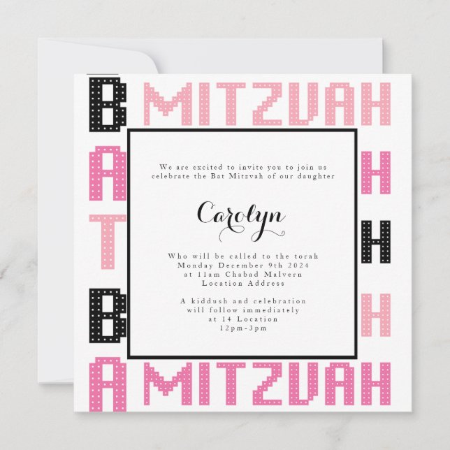 Bat mitzvah inbjudan inom Rosa och svart tema (Framsida)