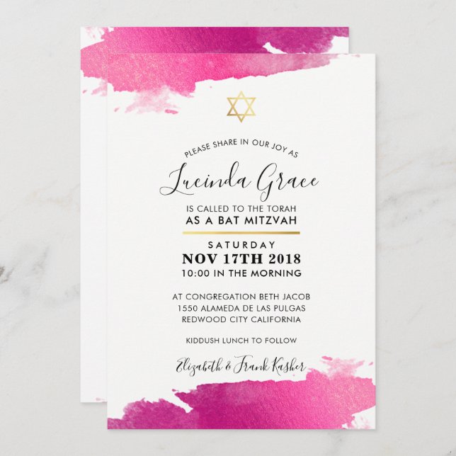 BAT MITZVAH INBJUDAN modern guldfärgad rosa guld s (Fram/baksida)