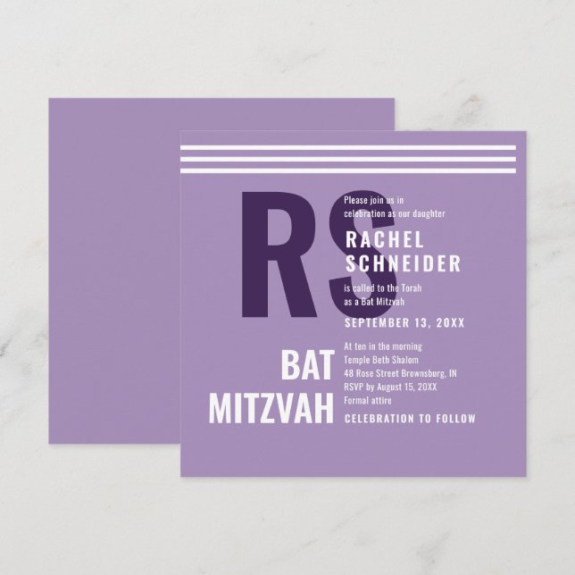 Bat Mitzvah-inbjudan Modernt Monogram Inbjudningar (Fram/baksida)