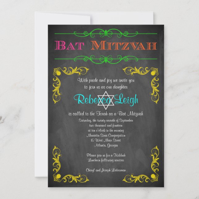 Bat mitzvah inbjudan | Neon Chalkboard (Framsida)