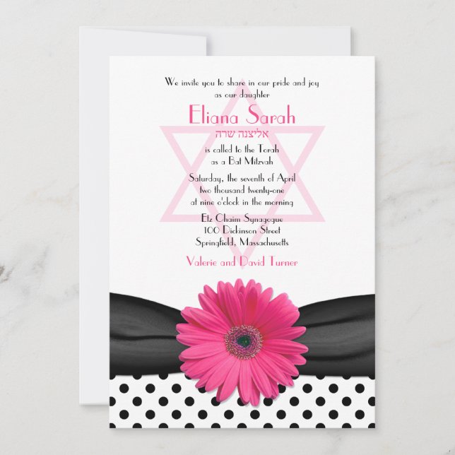 Bat mitzvah inbjudan | Rosa Daisy Polka Punkt (Framsida)
