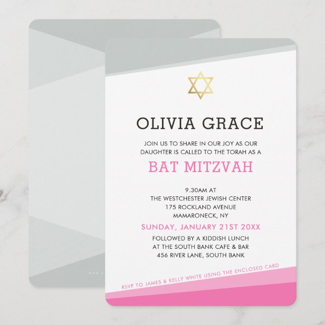 BAT MITZVAH INBJUDAN-rosa med moderna vinklar Inbjudningar (Fram/baksida)