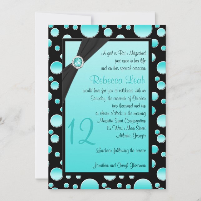 Bat mitzvah inbjudan till Aqua och Black Polka Dot (Framsida)