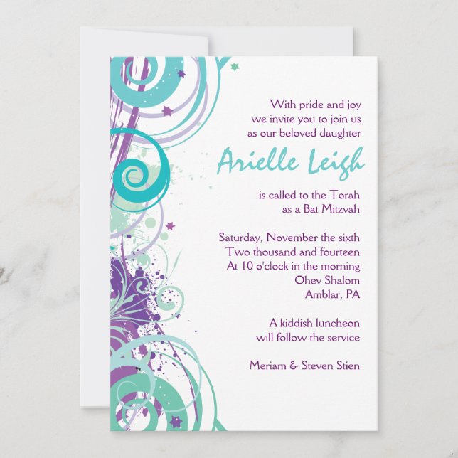 Bat mitzvah inbjudan till AQUA SWIRLS & STARS (Framsida)